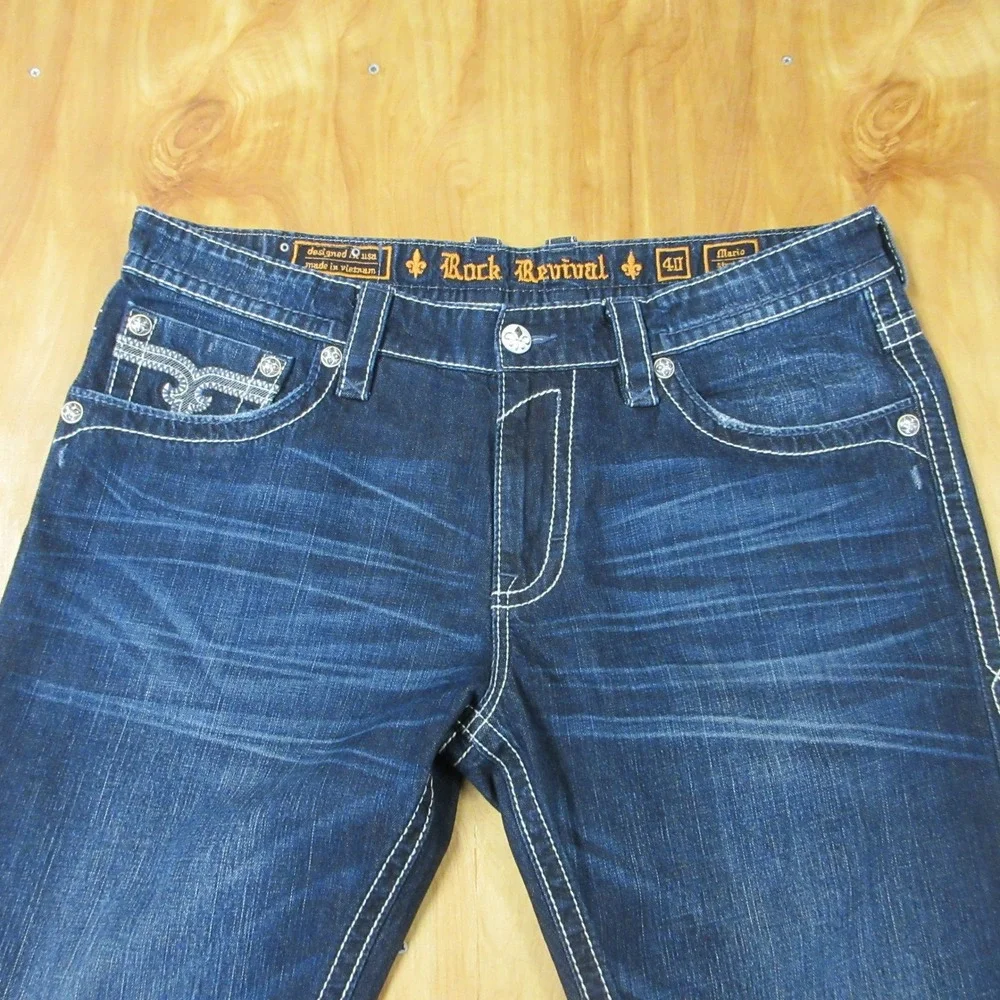 ROCK REVIVAL Mario Straight Leg Jeans 40 (42) X 33 Dark‎ Wash Denim Fleur-de-lis